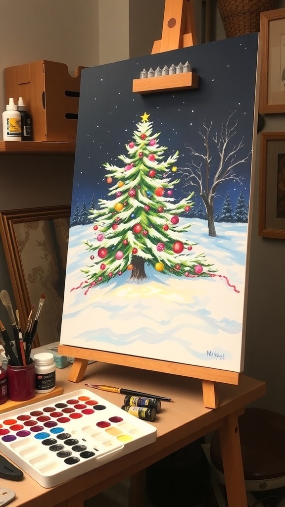 A colorful Christmas painting on canvas featuring a snowy scene and a decorated tree, surrounded by art supplies.